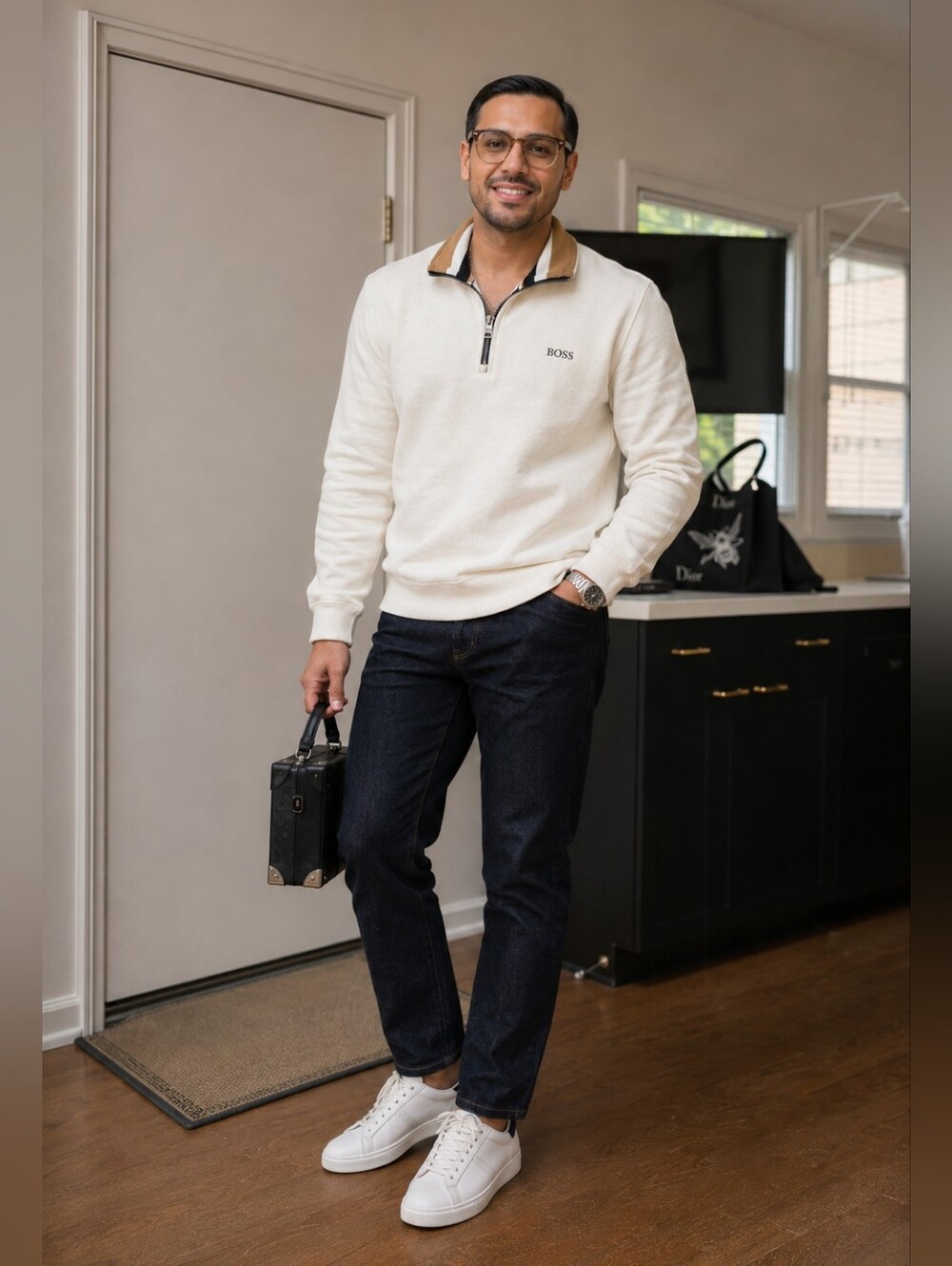 Boss White Quarter-Zip Sweater with Tan Contrast Collar